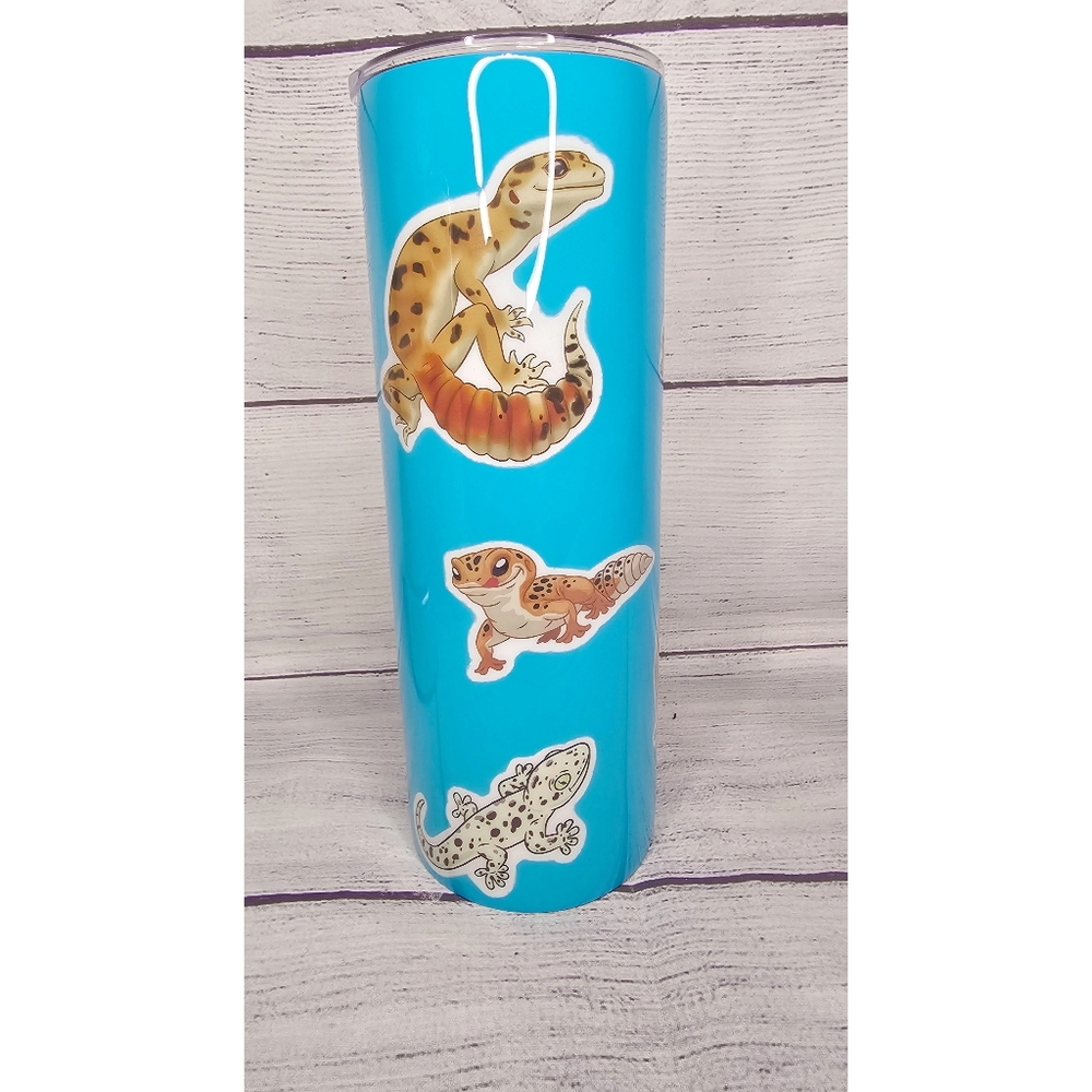 20oz skinny leopard gecko Tumbler with rubber bottom. Lizard cup, reptile tumble